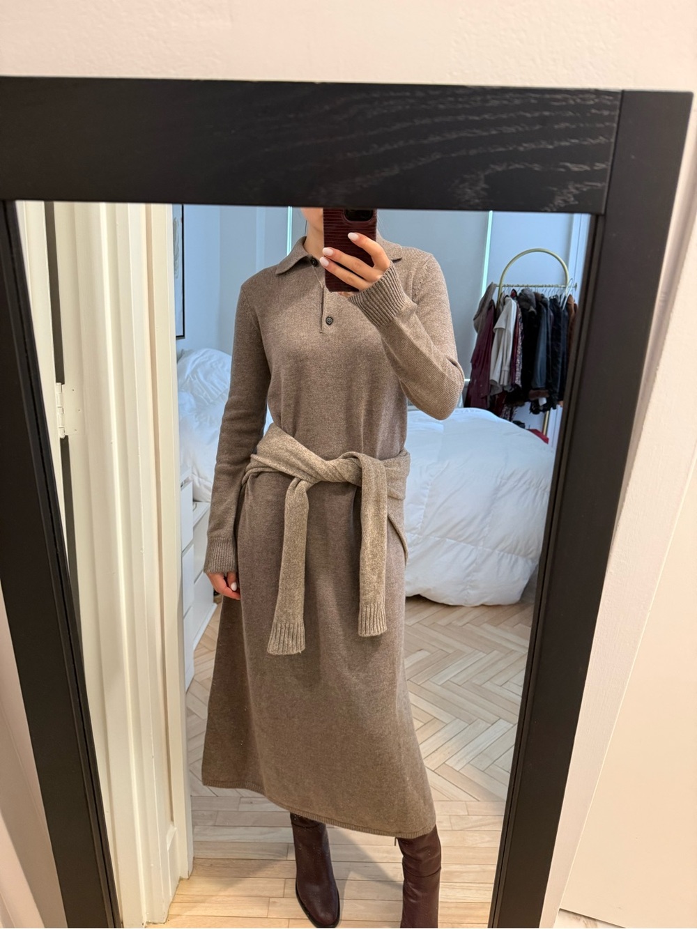MaxMara Taupe Knit Polo Midi Dress with Tie Waist